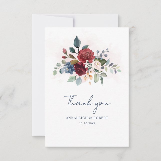 Watercolor Floral Greenery Script Wedding Thank You Card (Front)