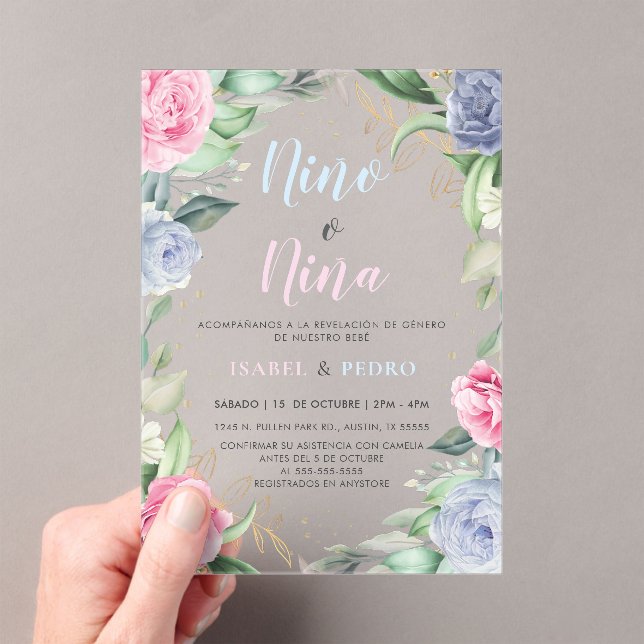 Watercolor Floral Greenery Spanish Gender Reveal Acrylic Invitations (Insitu (Handheld))
