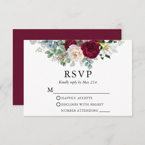 Watercolor Floral Greenery Wedding Burgundy RSVP Card