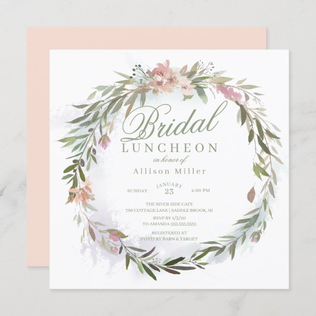 Watercolor Floral Greenery Wreath Bridal Luncheon Invitation (Front/Back)