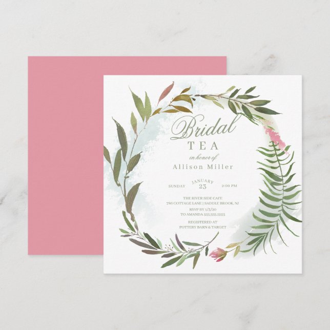 Watercolor Floral Greenery Wreath Bridal Tea Invitation (Front/Back)