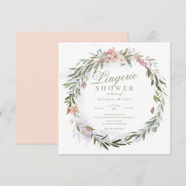 Watercolor Floral Greenery Wreath Lingerie Shower Invitation (Front/Back)