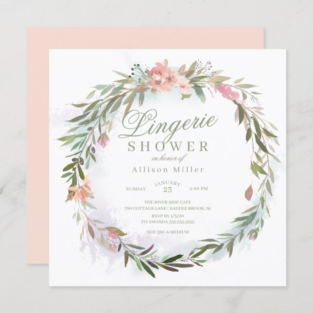Watercolor Floral Greenery Wreath Lingerie Shower Invitation (Front/Back)