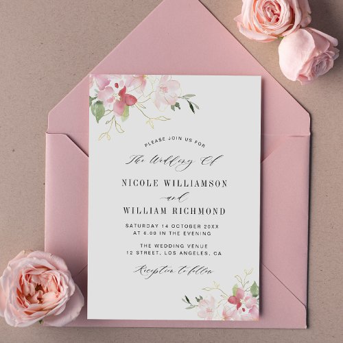 watercolor floral grey and blush wedding invitation