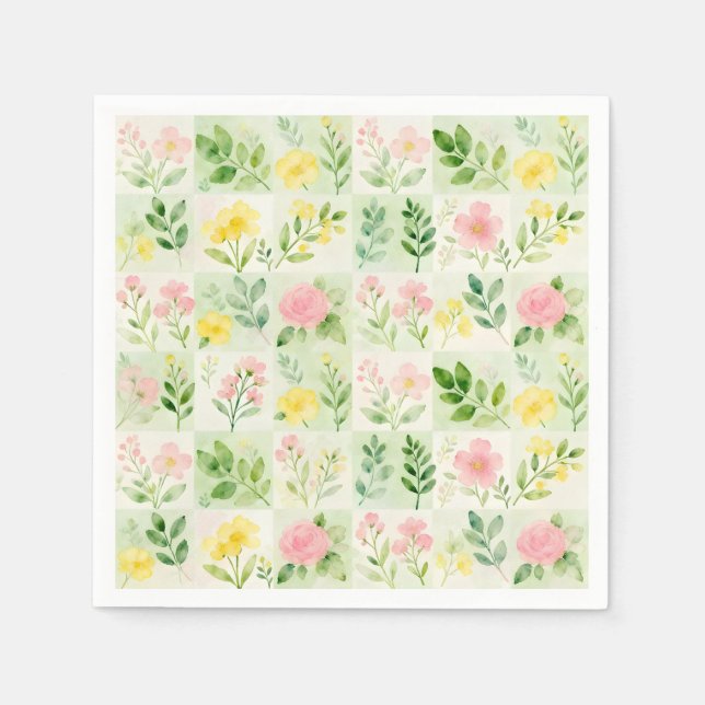 Watercolor Floral Grid Pattern Napkins (Front)
