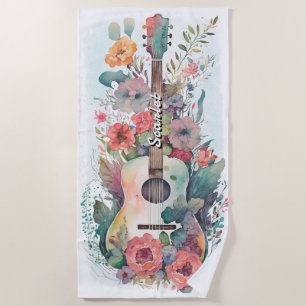 Watercolor Floral Guitar Summer Pool Beach Towel
