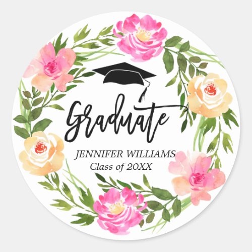 Watercolor Floral Hand Lettered Graduation Custom Classic Round Sticker