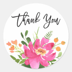 Watercolor Floral Hand Lettered Thank You Classic Round Sticker