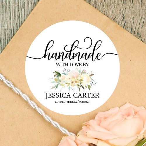 Watercolor Floral HANDMADE WITH LOVE Business Classic Round Sticker