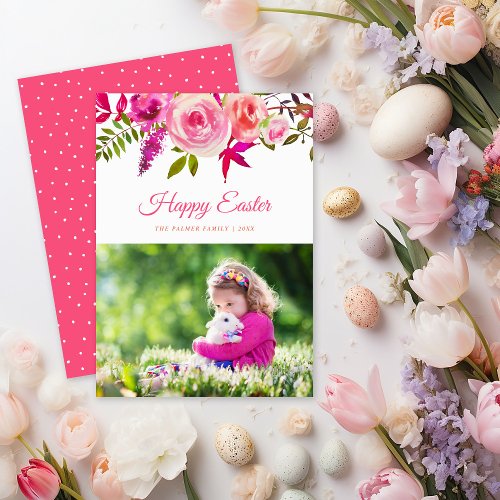 Watercolor Floral Happy Easter Photo Card