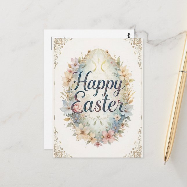 Watercolor Floral Happy Easter  Postcard (Front/Back In Situ)