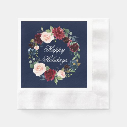 Watercolor Floral Happy Holidays Blue Cocktail Napkins