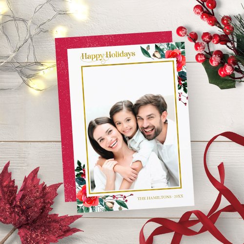 Watercolor Floral Happy Holidays Christmas Photo Invitation