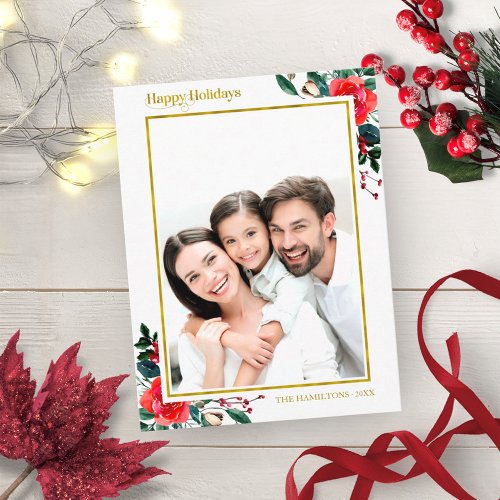 Watercolor Floral Happy Holidays Christmas Photo Postcard