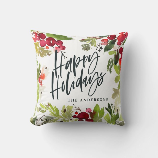watercolor floral happy holidays throw pillow (Front)