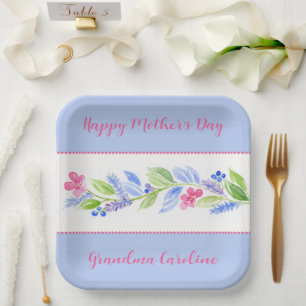 Watercolor Floral Happy Mothers Day NAME Paper Plates