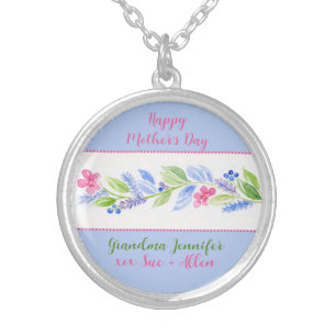 Watercolor Floral Happy Mothers Day NAME Silver Plated Necklace