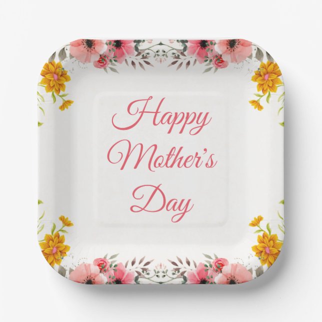 Watercolor Floral Happy Mother's Day  Paper Plates (Front)