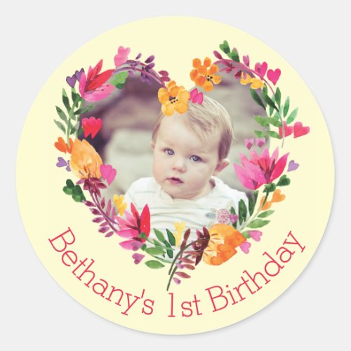 Watercolor Floral Heart Baby 1st Birthday Photo Classic Round Sticker