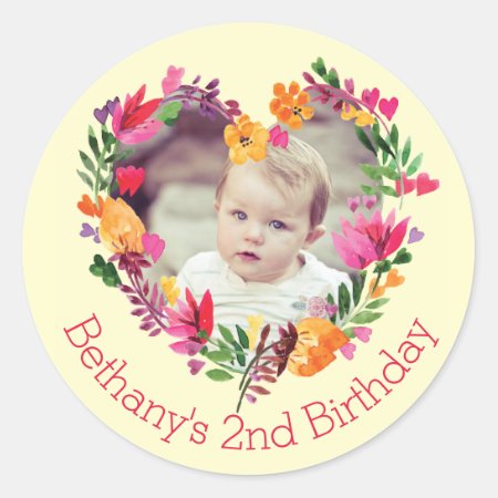 Watercolor Floral Heart Baby 2nd Birthday Photo Classic Round Sticker