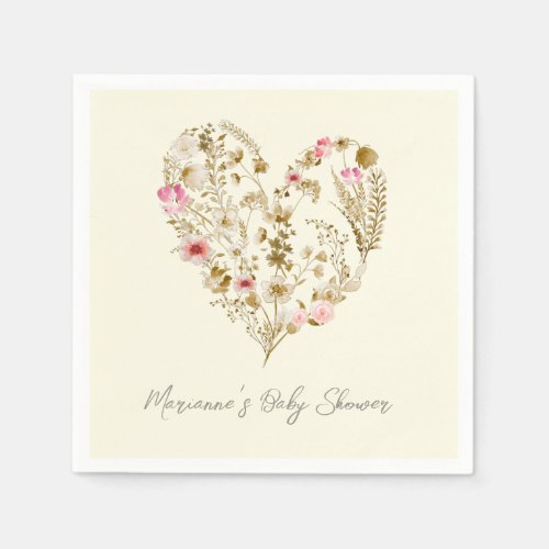 Watercolor Floral Heart Baby In Bloom Baby Shower Napkins
