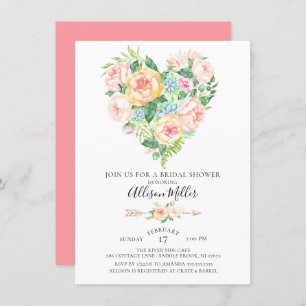 Watercolor Floral Heart Bridal Shower Invitation