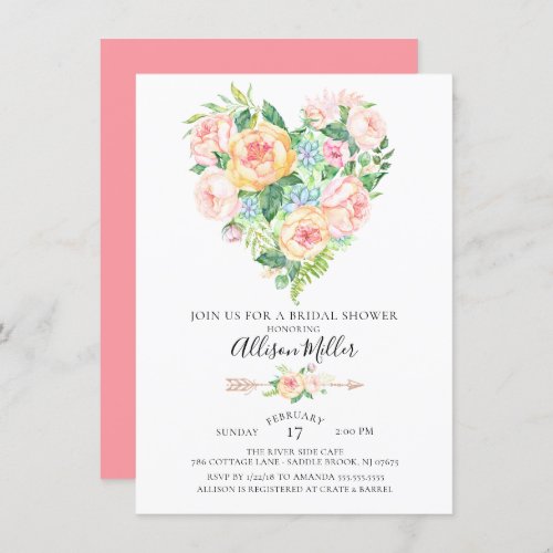 Watercolor Floral Heart Bridal Shower Invitation