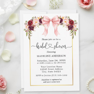 Watercolor Floral Heart Bridal Shower Pink Bow Invitation