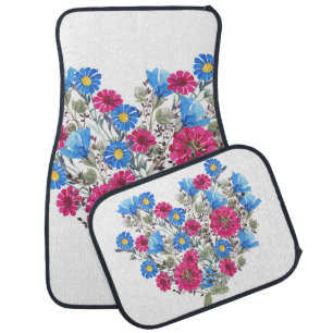 Watercolor floral heart, bright wildflowers arrang car floor mat