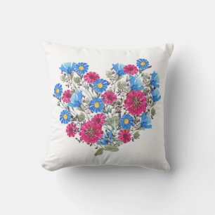 Watercolor floral heart, bright wildflowers arrang throw pillow