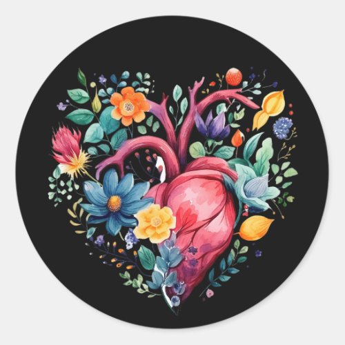 Watercolor Floral Heart Classic Round Sticker