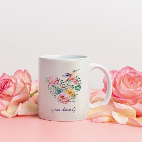 Watercolor Floral Heart Hummingbird Grandma Gift 2 Two_Tone Coffee Mug