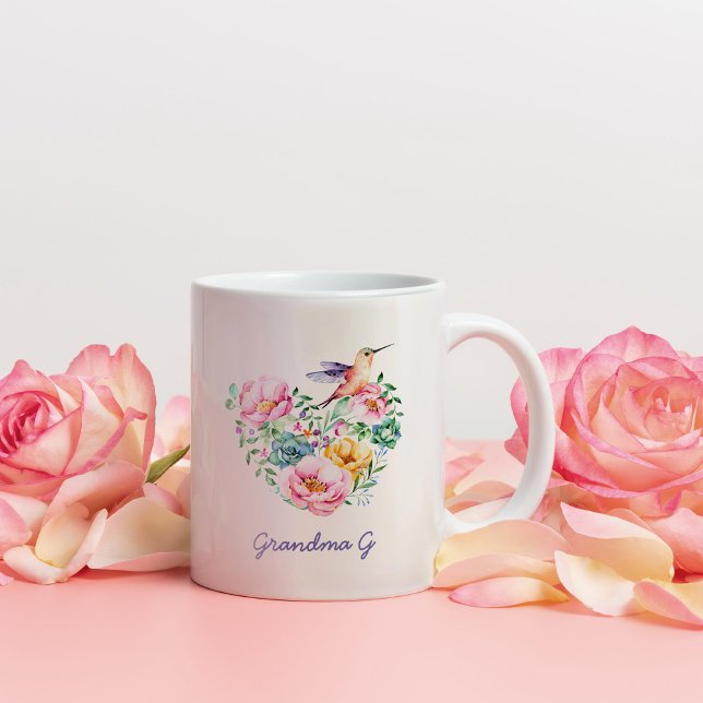 Watercolor Floral Heart Hummingbird Grandma Gift 2 Two-Tone Coffee Mug (Creator Uploaded)
