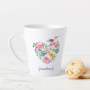 Watercolor Floral Heart Hummingbird Grandma Gift Latte Mug
