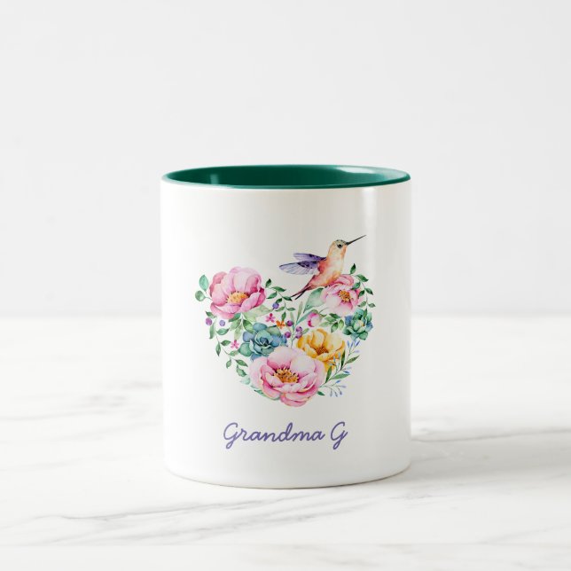 Watercolor Floral Heart Hummingbird Grandma Gift Two-Tone Coffee Mug (Center)