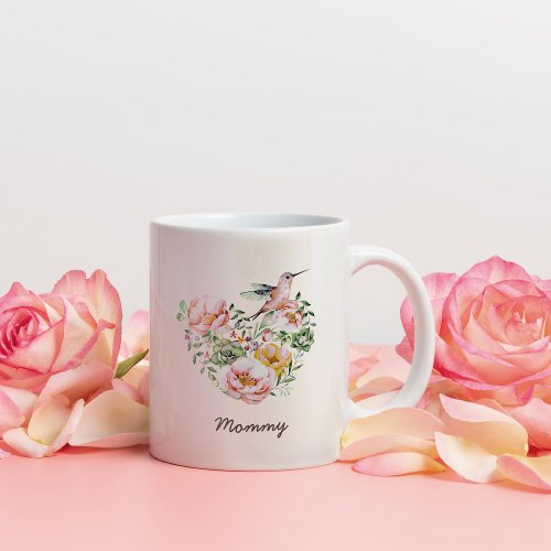 Watercolor Floral Heart Hummingbird Mommy Gift Two_Tone Coffee Mug