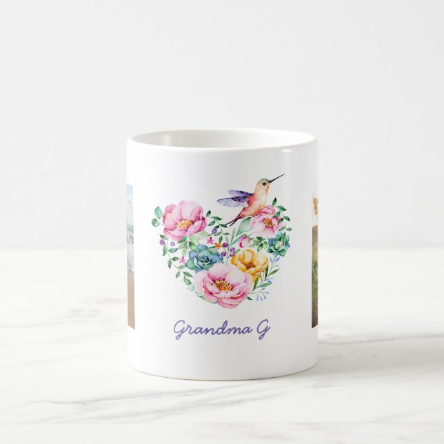 Watercolor Floral Heart Hummingbird Photo Gift Coffee Mug (Center)