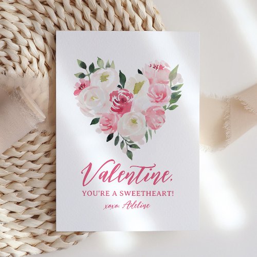 Watercolor Floral Heart Kids Valentines Day Note Card