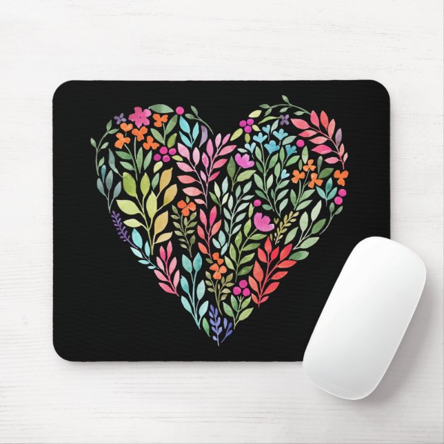 Watercolor Floral Heart Mouse Pad (With Mouse)