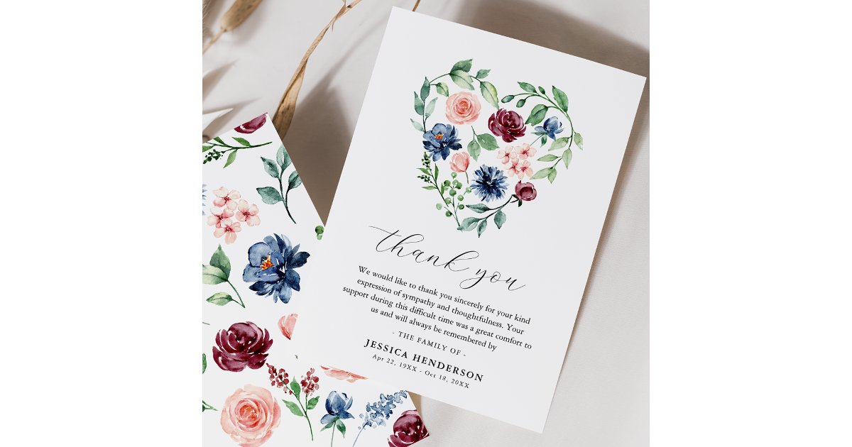 Watercolor Floral Heart Sympathy Funeral Memorial Thank You Card | Zazzle