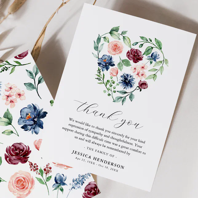 Watercolor Floral Heart Sympathy Funeral Memorial Thank You Card | Zazzle