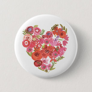 Watercolor Floral Heart Valentine Chic II Pinback Button