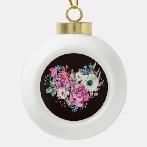 Watercolor floral heart vintage roses ceramic ball christmas ornament