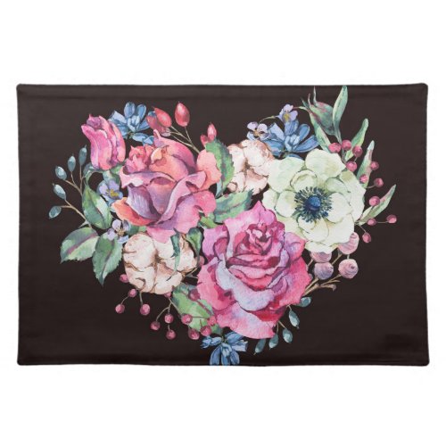 Watercolor floral heart vintage roses cloth placemat