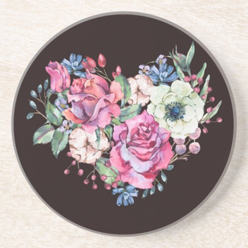 Watercolor floral heart vintage roses coaster