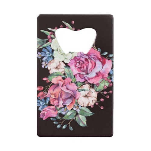 Watercolor floral heart vintage roses credit card bottle opener