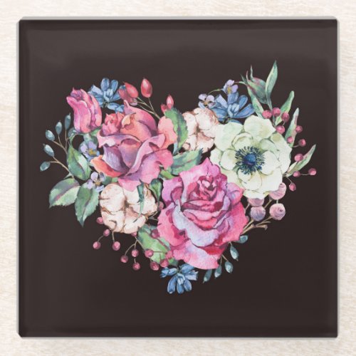 Watercolor floral heart vintage roses glass coaster