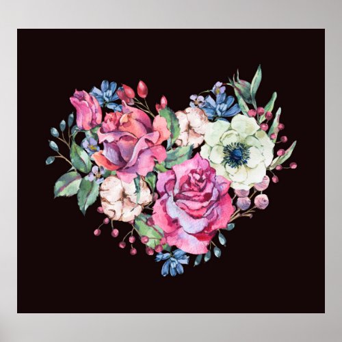 Watercolor floral heart vintage roses poster