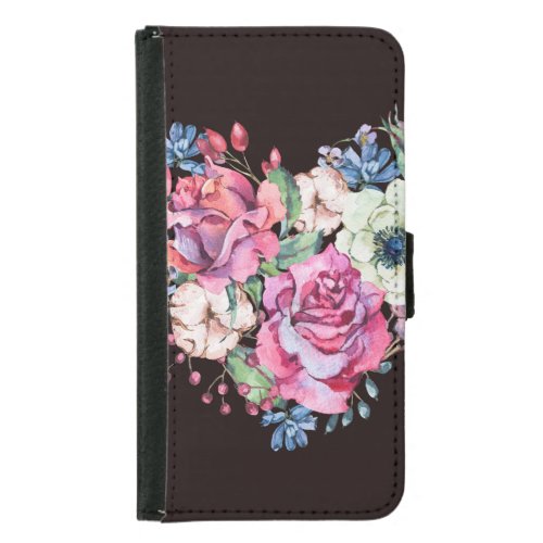 Watercolor floral heart vintage roses samsung galaxy s5 wallet case
