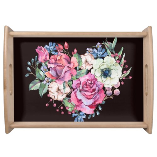 Watercolor floral heart vintage roses serving tray